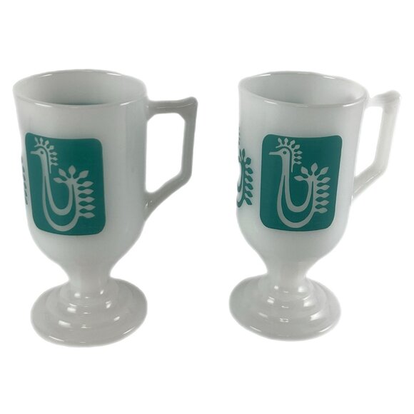 Set of 2 Vintage Federal Milk Glass Pedestal Mugs, Turquoise "Danish Rooster" - Picture 2 of 7